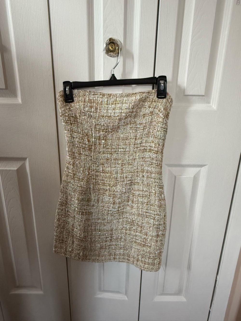 REVOLVE Metallic Tweed Mini Skirt in Gold and Cream
